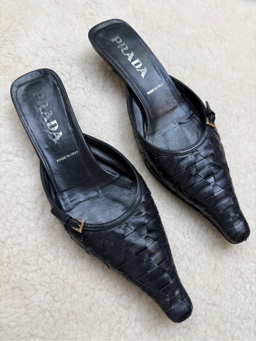 Vintage Y2K Prada Black Woven Leather Pointed Toe Kitten Heel Buckle Mules 37.5